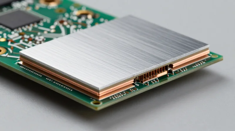 A cross-section view of an aluminum-backed PCB showing metal base, dielectric layer, and copper traces