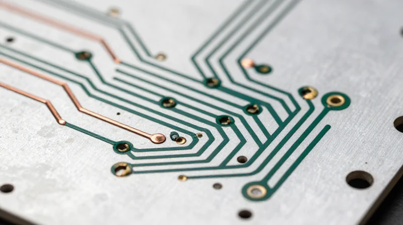 Top view of high current traces on an aluminum substrate showing varied copper widths