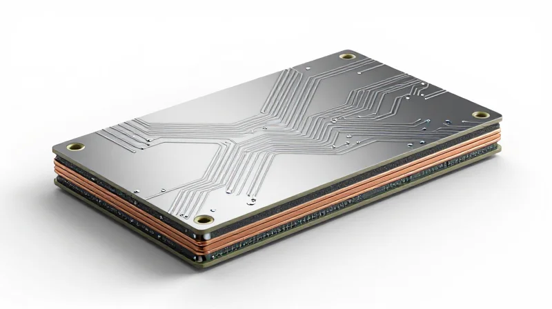 Cross-section of an aluminum-core PCB showing multiple layers including metallic base and dielectric material.