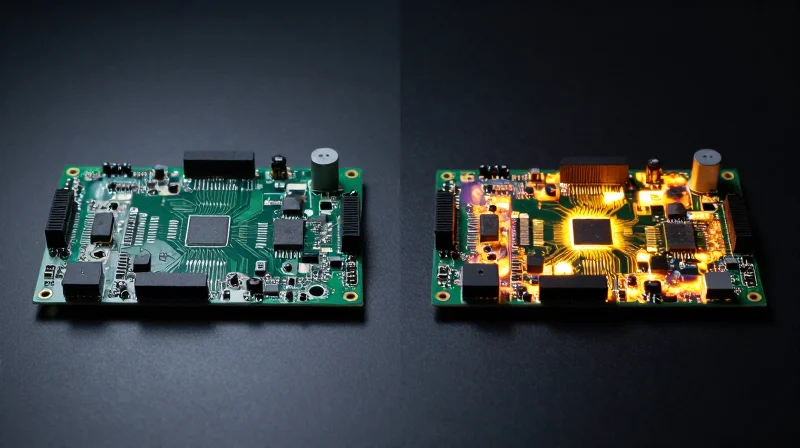 Side-by-side comparison of two PCB boards under a thermal camera lens representing heat distribution.