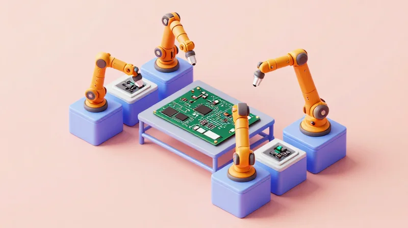 Isometric view of a manufacturing assembly line for metal-core circuit boards.