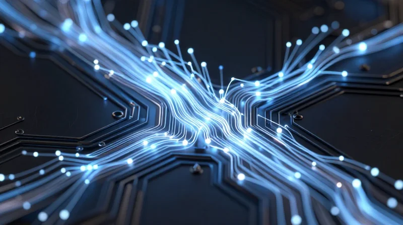 Abstract representation of flowing energy and advanced circuit architecture.