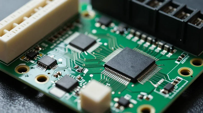 A close-up view of a high-tech thermostat control board showing distinct analog and digital sections.