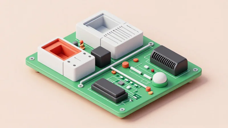 An isometric 3D render of a control board showing isolated electrical zones.