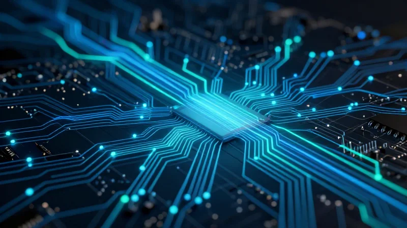 Conceptual representation of digital sensor signals and clean electrical connectivity on a circuit board.