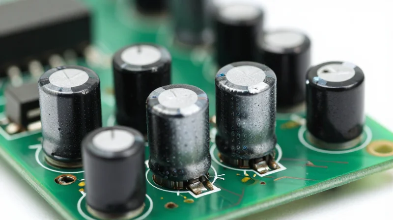 Macro view of high-quality industrial capacitors and microcontrollers on a circuit board.