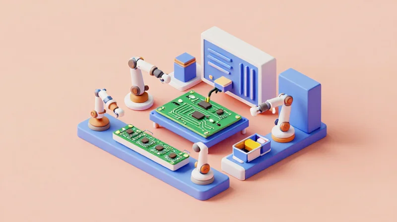 Isometric view of an automated assembly line producing circuit boards.