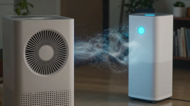 A visual representation of air purification hardware evolving from mechanical parts to high-tech digital systems.