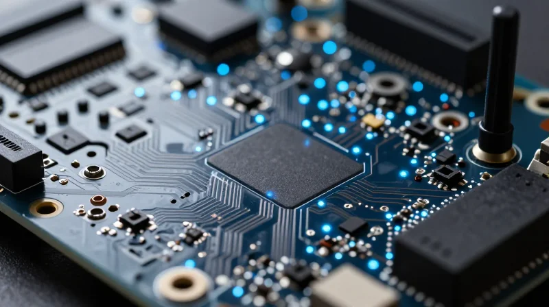 A modern IoT-enabled circuit board with glowing connectivity nodes.