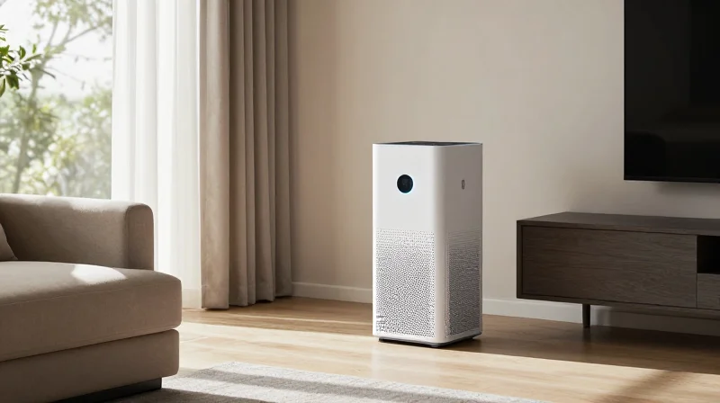 A serene living room showing an invisible sense of clean air and technology integration.