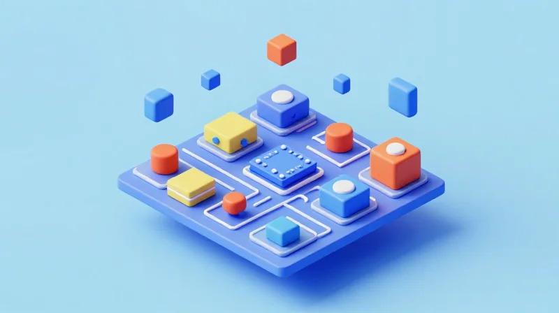Isometric 3D representation of modular hardware components assembling.
