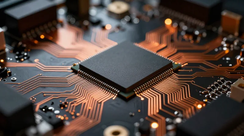 A close-up of a high-performance circuit board showcasing the central processor surrounded by heat sinks and complex routing, representing advanced computational power.
