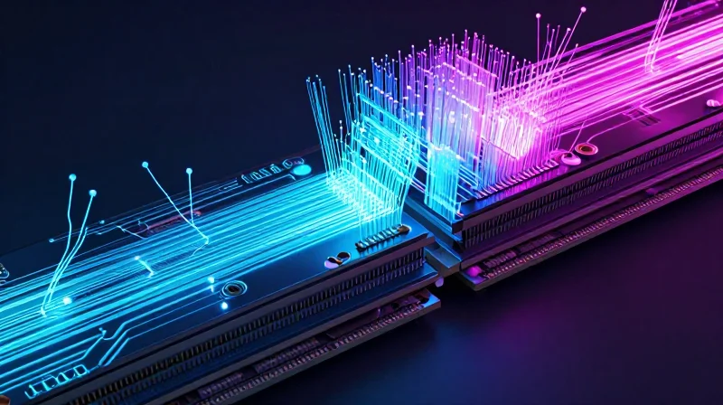 An abstract visualization of layered PCB stack-up with light pulses flowing through signal lanes, emphasizing high-speed data transmission.