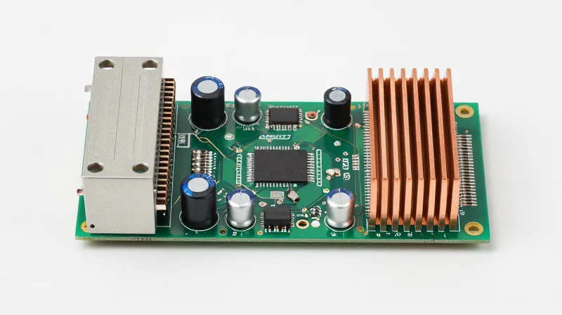 A clean, studio-lit shot of a robust power delivery module on a circuit board, emphasizing capacitors and power rails.