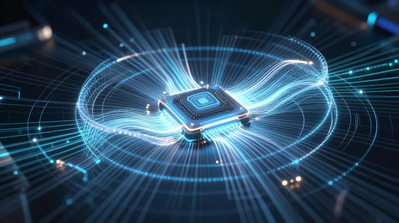 An abstract visual representing Wi-Fi and Bluetooth connectivity radiating from a central motherboard chip.