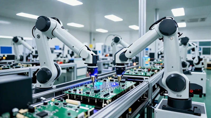 An automated industrial assembly line with robotic arms performing precision placement on circuit boards.