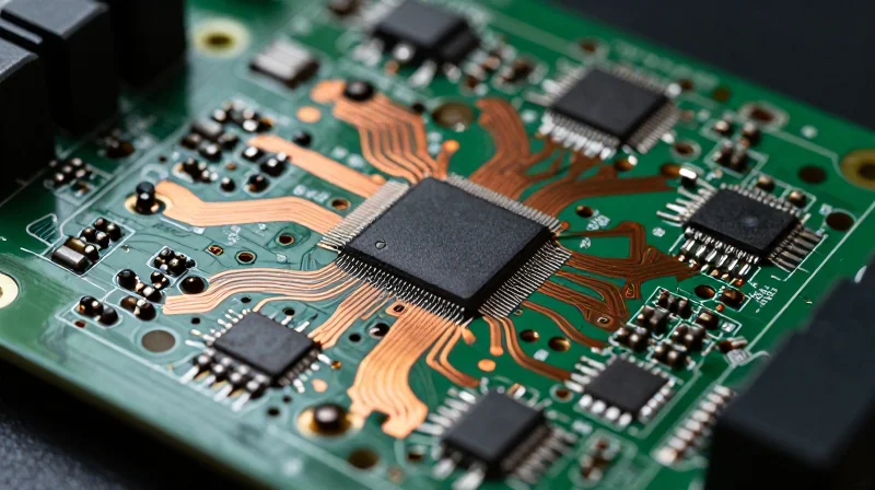 Abstract representation of high-density interconnect PCB layers with dense circuitry