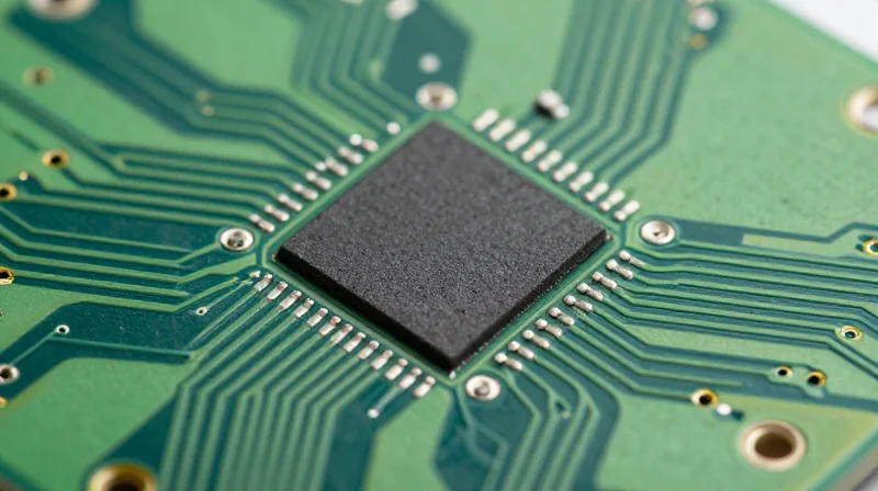Close-up detail of solder mask and pad geometry on a printed circuit board