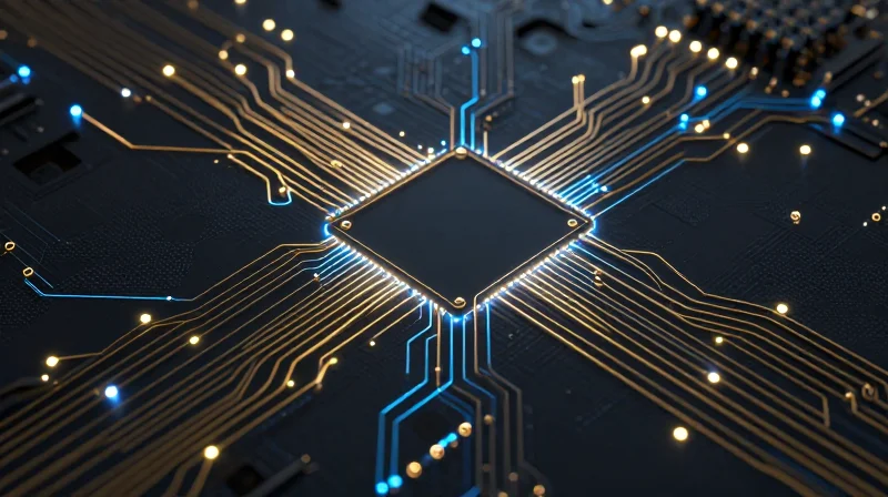Abstract representation of high-speed data flow paths on a circuit board