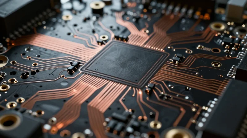 An abstract visualization of a high-density circuit board layer showing laser-drilled microvias and intricate conductive paths.