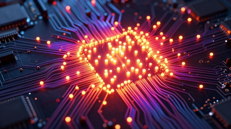 A thermal visualization showing heat dissipation across a high-density circuit board inside a compact device housing.