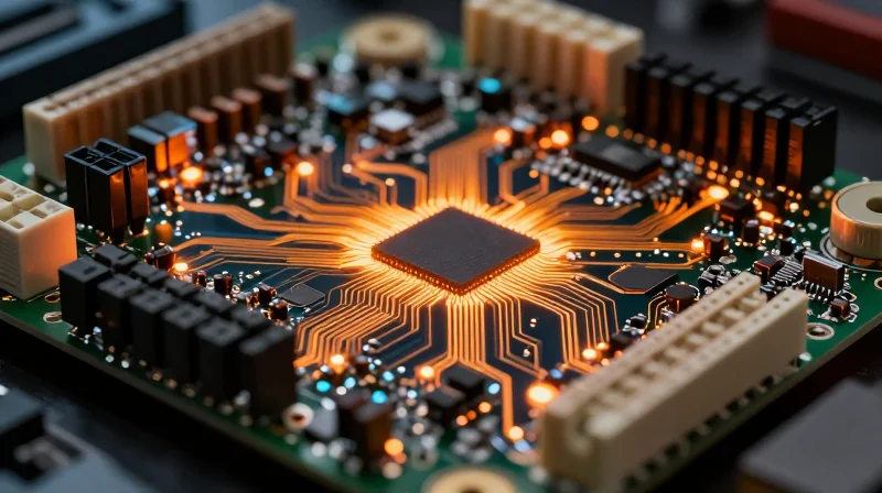 A close-up of a traditional multilayer PCB showing thermal stress and complex wiring density