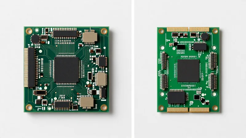 Side by side visual comparison of standard PCB vs HDI PCB architecture