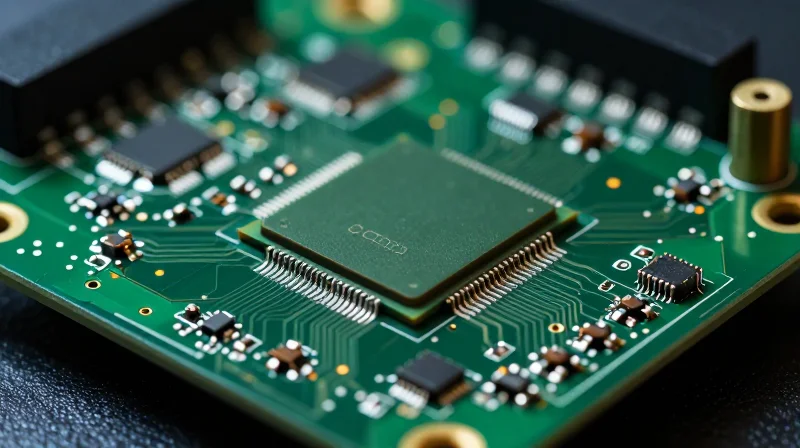 A high-tech close-up of a sophisticated green printed circuit board assembly featuring complex microchips and power components.