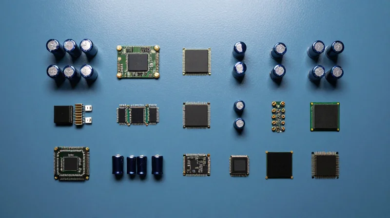Top-down view of organized electronic components arranged precisely on a professional workbench.