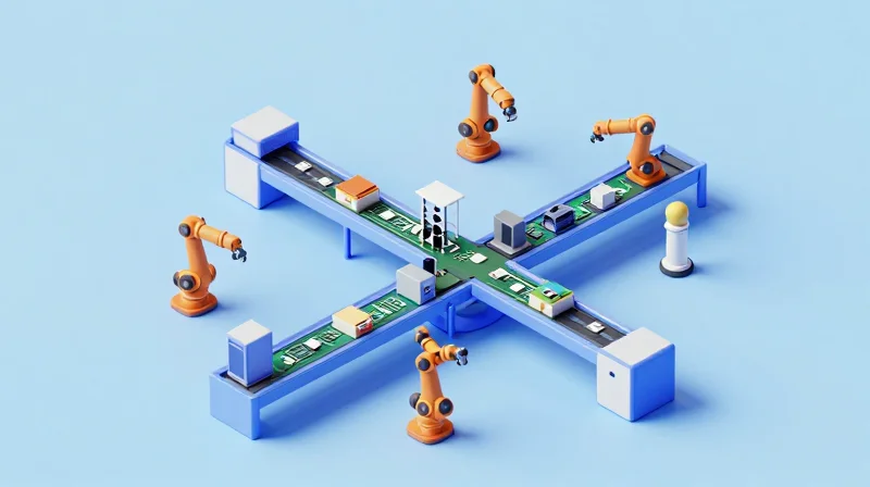 Isometric view of a modern automated assembly line for electronic circuit boards.
