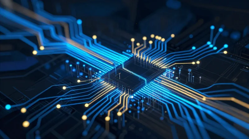 Abstract visualization of glowing data points and electrical signals traveling through a circuit.