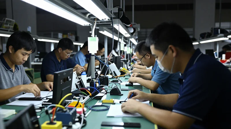 A busy, somewhat chaotic electronics assembly line with cluttered workstations and loose components, depicting industrial inefficiency.