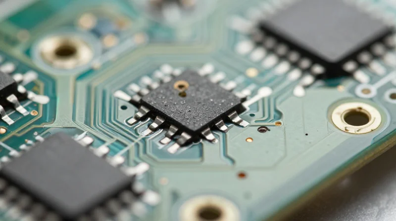 Macro close-up view of a green printed circuit board with visible soldering errors and misaligned surface mount components.
