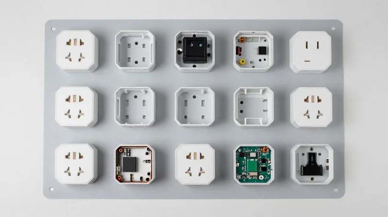 Modern, sleek smart plug components neatly arranged on a clean industrial tray ready for automated assembly.