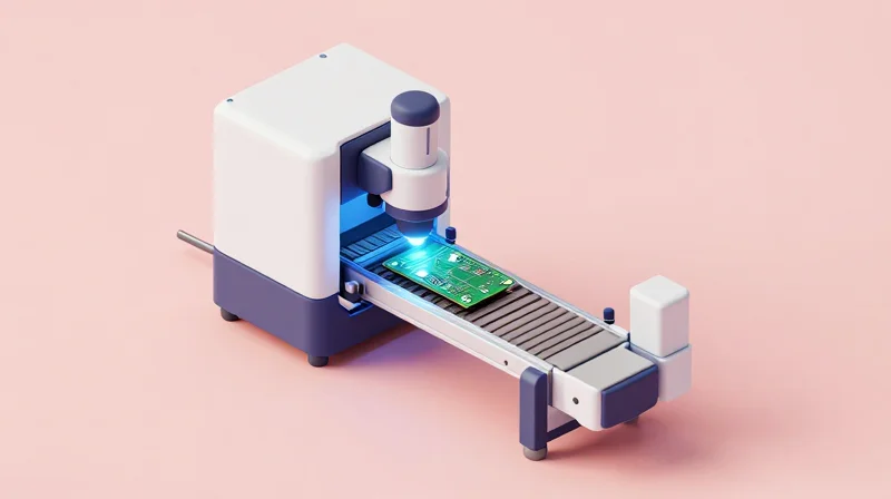 Abstract 3D rendering of an automated optical inspection machine hovering over a circuit board with digital detection zones.