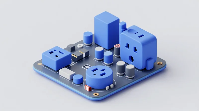 Isometric view of a complex, miniature smart plug PCB showing tightly packed electronic components.