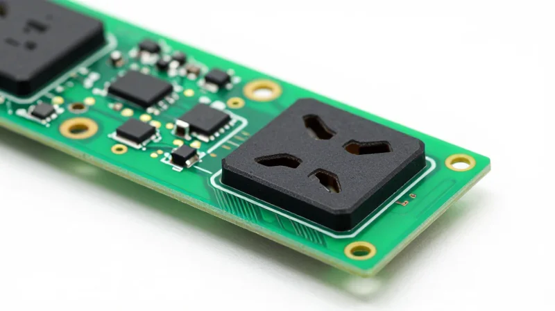 Close up of a smart plug PCBA on a white background