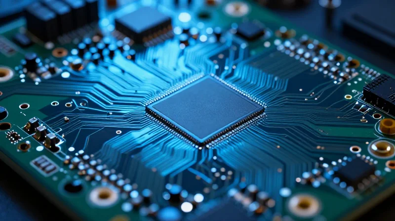 A close-up of a high-tech green circuit board showing detailed traces and micro-components with a soft glowing energy efficiency aura.
