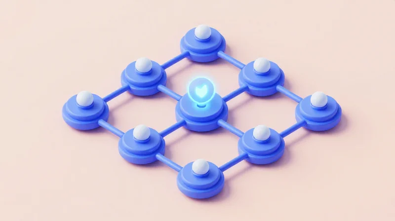Isometric 3D representation of a modular electronics supply chain with glowing connections.