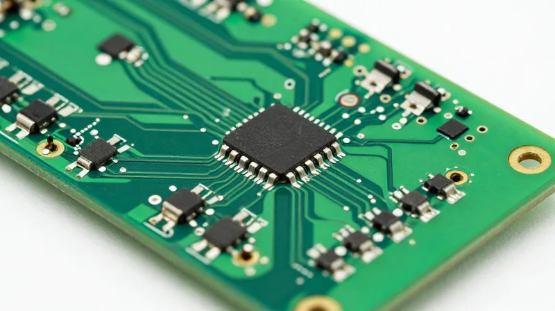 A close-up view of a standard green rigid FR4 PCB circuit board with electronic components