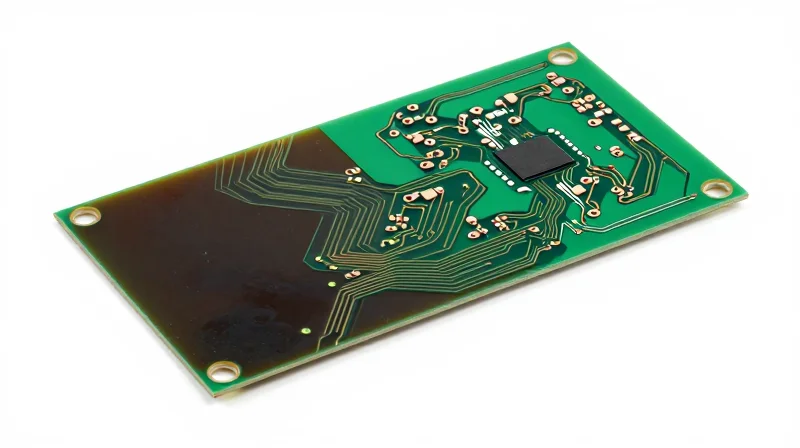 A sophisticated rigid-flex PCB showing the flexible ribbon connector between two rigid sections