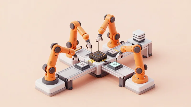 An isometric 3D representation of a modular manufacturing process for electronics