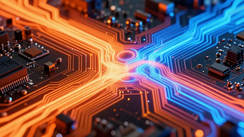 Abstract visualization of thermal energy dissipation and electron flow on a circuit board surface
