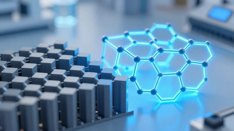 Abstract representation of silicon semiconductor grids transforming into advanced crystalline structures of Gallium Nitride.