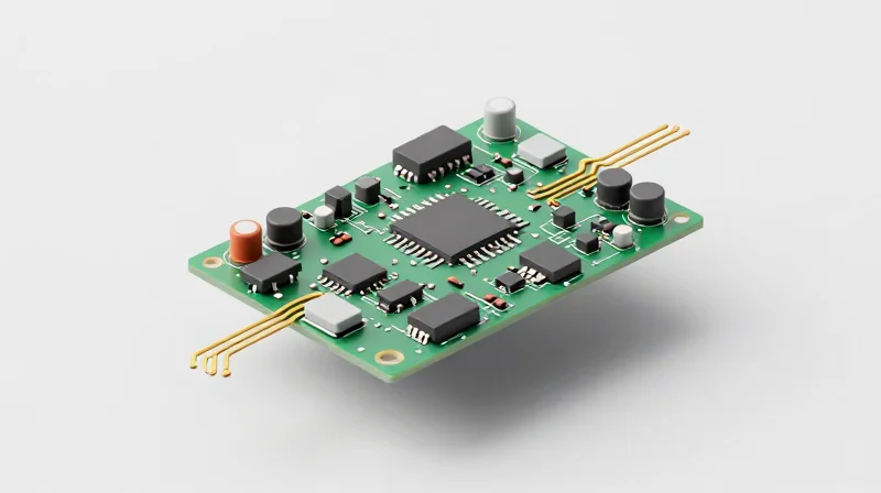 Isometric 3D model of a compact PCBA showing miniaturized power components.