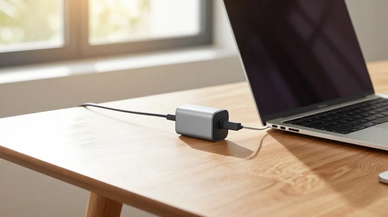 A person using a sleek, compact charger in a modern, organized travel lifestyle setting.