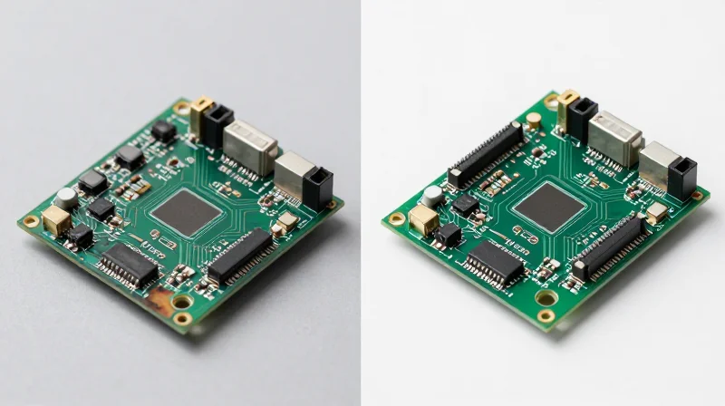 Side by side comparison of a failed, corroded circuit board versus a high-quality, pristine circuit board.