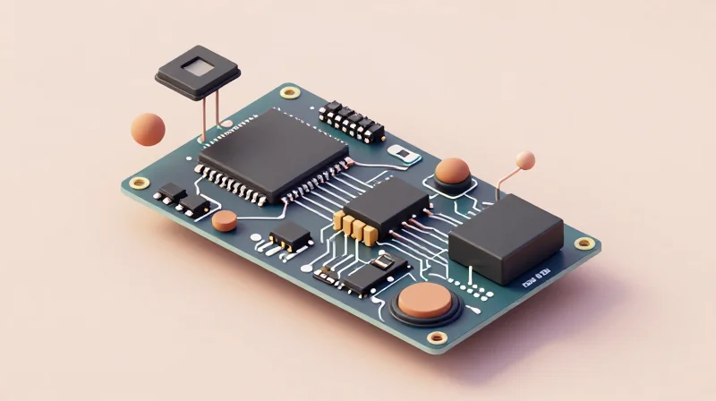 A 3D isometric view of a smart lock biometric controller board, showcasing power modules and sensor interfaces.