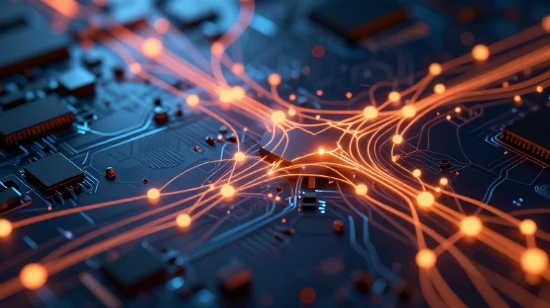 Abstract conceptual visualization of data flowing through a circuit board with glowing heat and stress nodes.