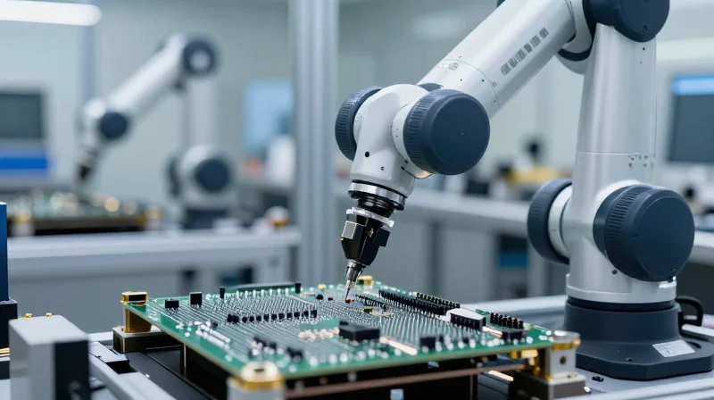 A robotic arm placing components on a high-density PCB